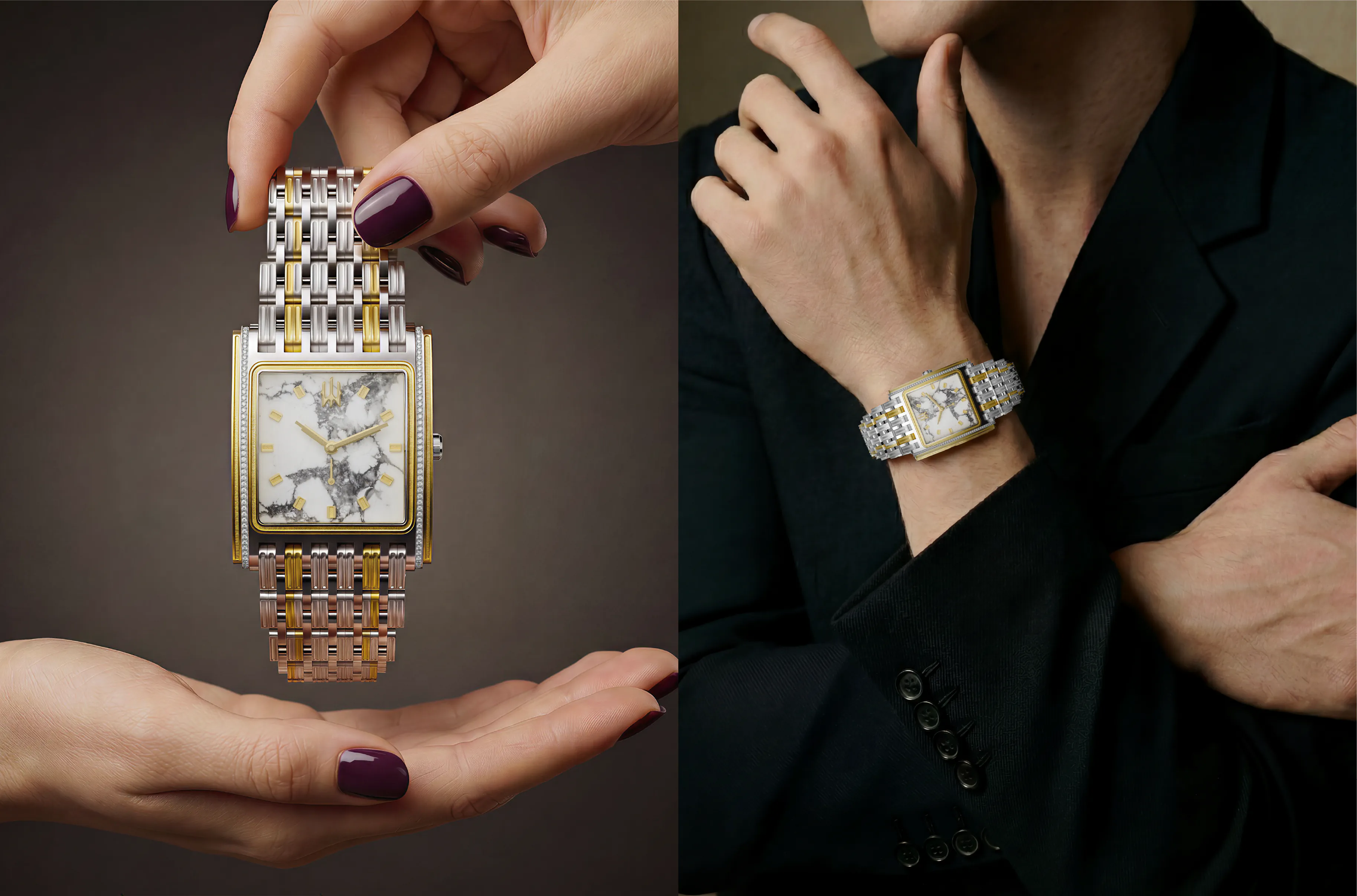 Amplifier watch with marble dial held in hand and worn on the wrist
